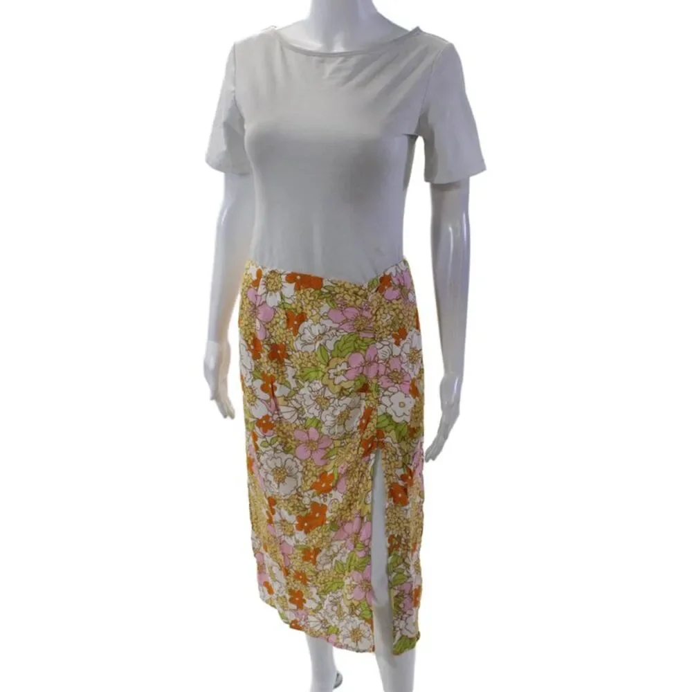 Rahi Womens Back Zip Front Slit Midi Floral Skirt White Multi Size Small